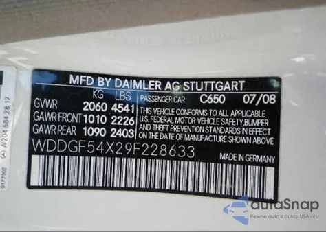 2009 Mercedes-Benz C300 z USA, uszkodzony, nr VIN WDDGF54X29F228633